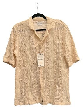 ZARA Cream Lace Crochet Short Sleeve Button-Down Shirt